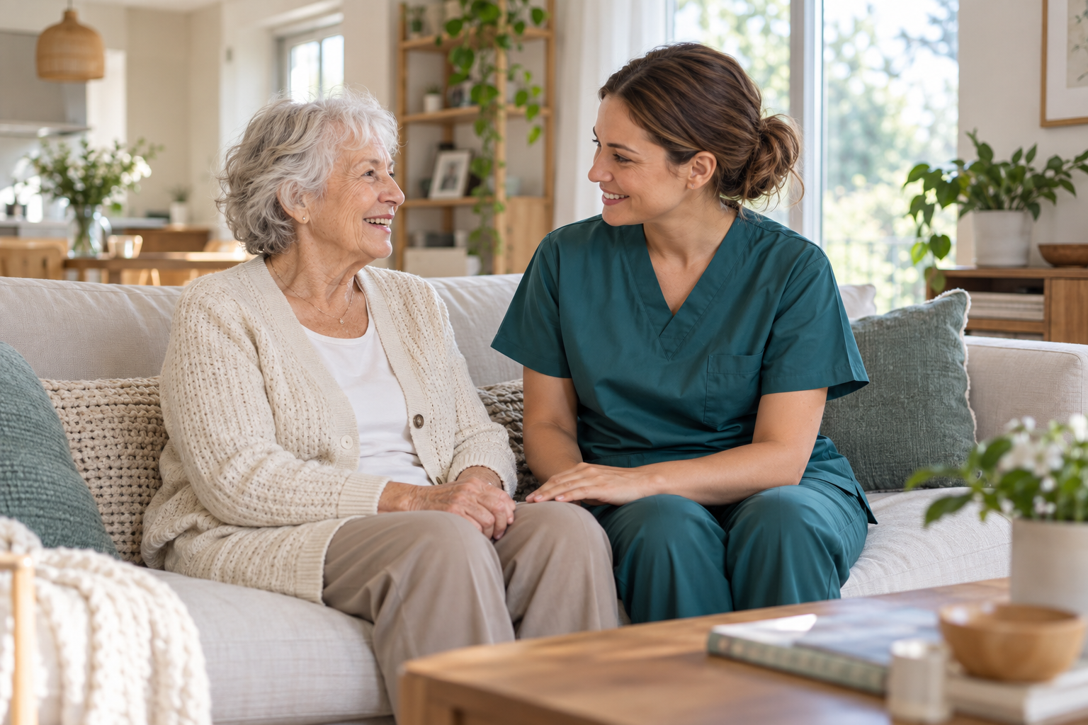 Illustrative home visit showing a nurse listening to an older adult